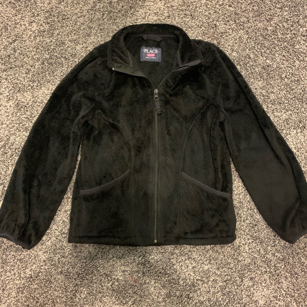 Fuzzy black girls zip up jacket medium 7/8 PLACE